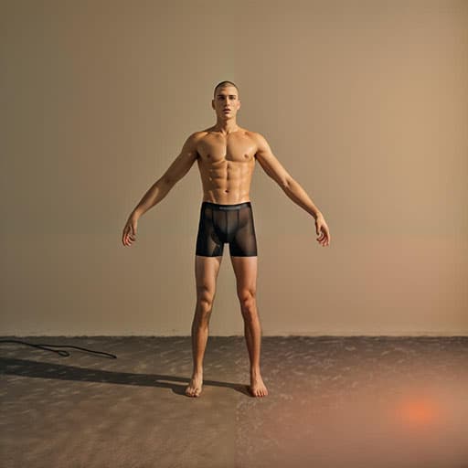 Aphrite Pose Studio Generated Image of a nude man taking a default pose in orange studio lighting